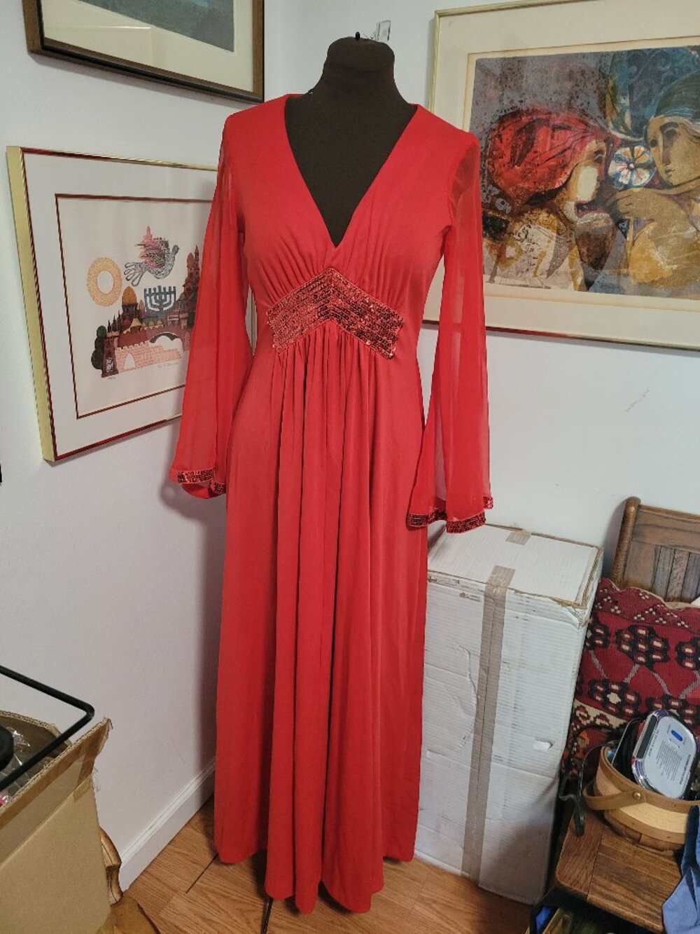Vintage 70's Elvira Red Maxi Dress With Chiffon Bell Sleeves and Sequin